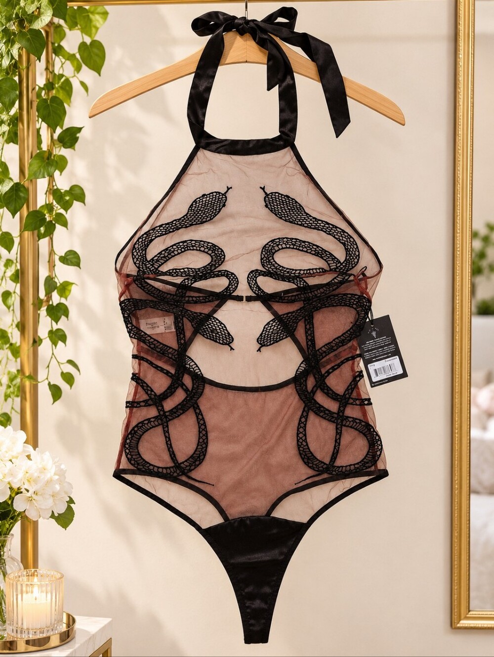 NWT Sheer Snake-Embroidered Halter Bodysuit - Black Size L